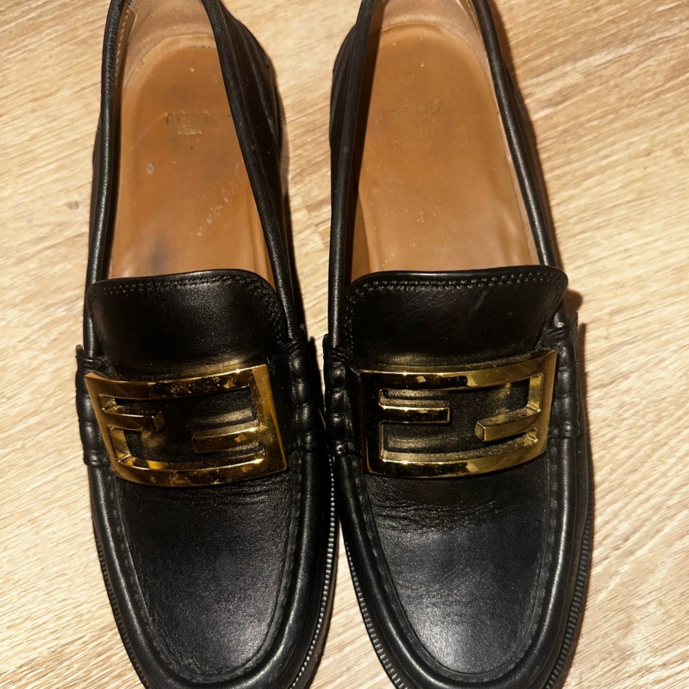 Fendi Black Leather Loafers with Gold Accent